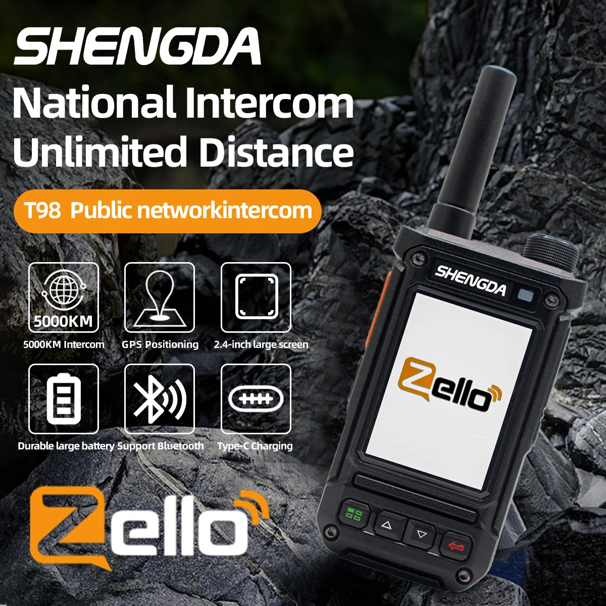 ZELLOトランシーバー SD-T98 4G POC 5000KM Bluetooth GPS SOS ワイヤレスリンク 干渉防止 高音質出力 Android 9