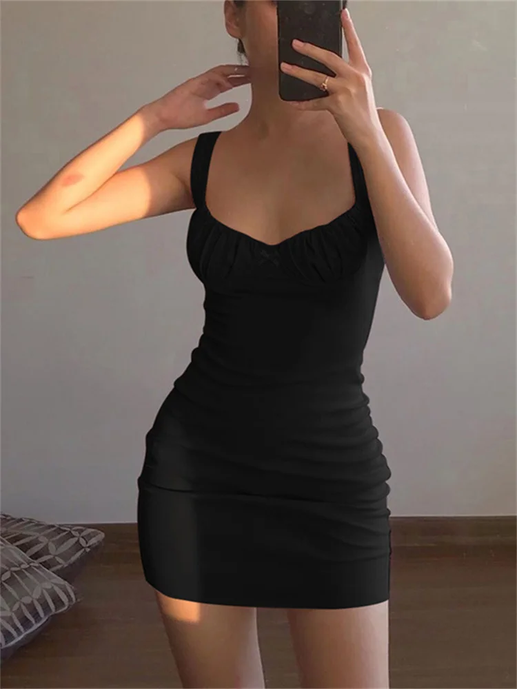 

Women Fashion Summer Dress Solid Color Sleeveless Low Cut Bodycon Mini Dress Ladies Sexy Club Y2K Dresses Streetwear