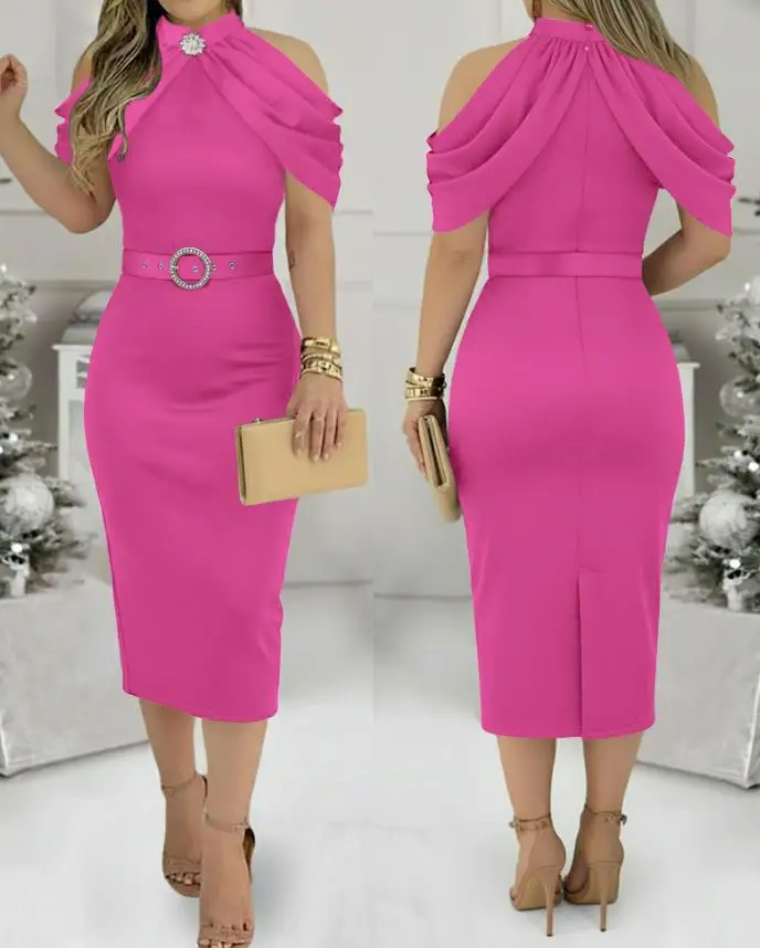 Women's Plain High Neck Party Dress with Cold Sleeves and Sparkling Rhinestones Decor Elegant Slim Fit Midi Dress (With Belt)