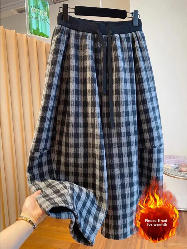 Szerokie wełniane spodnie Thiened Fce z wysokim stanem, prosty krój, codzienne spodnie, modne, plus size, damskie, zimowe, luźny krój.