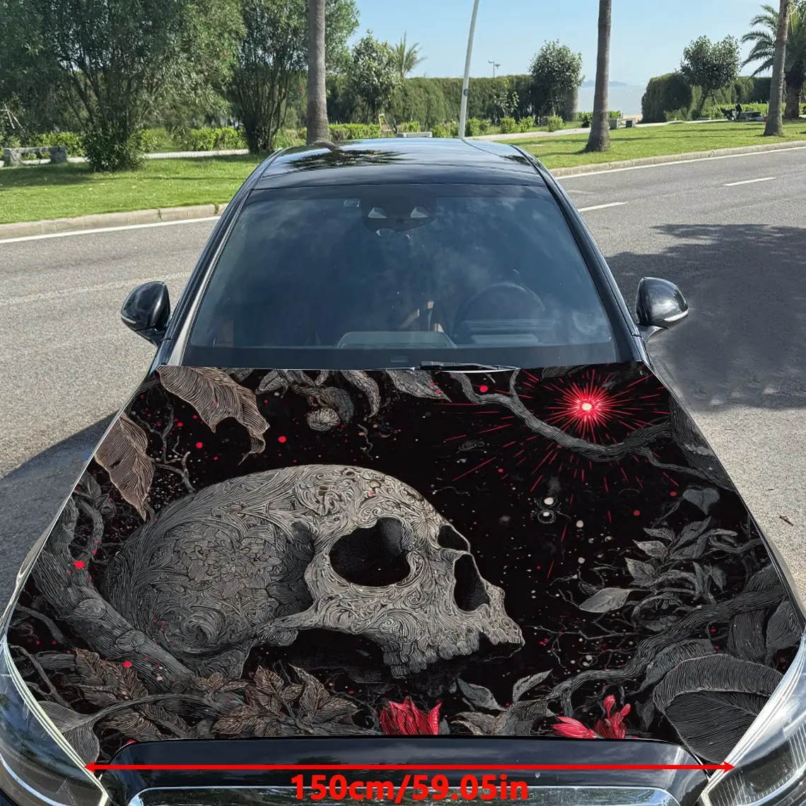 Gothic - Style Skull with Red Eyes and Dark Patterns Car Vinyl Wrap, PVC Material Waterproof Car Hood Sticker, Self-Adhesive Scr