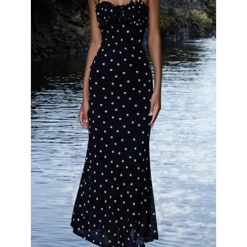 Robes à bretelles Spaghetti imprimées à pois pour femmes, tempérament français, Sexy, coupe basse, dos nu, paquet de hanches, robe moulante, été