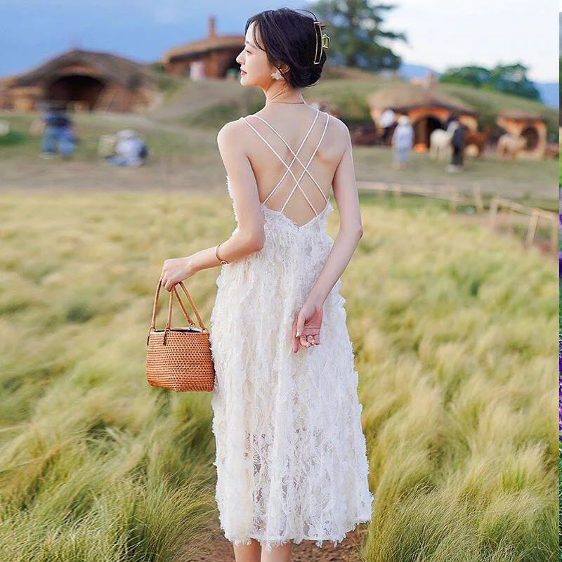 Women Dress Summer White A-Line High Waist Tassel Feather Spaghetti Strap Backless Midi Dress Beach Holiday Casual Dress Boho