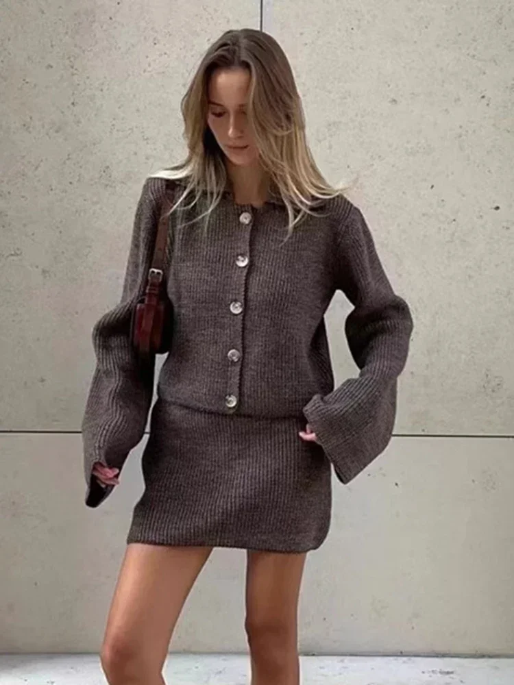 Women\'s Knitted Suit Lapel Flare Sleeve Cardigan Skirt Autumn Winter New Fashion Solid Slim Female Sweater Two Piece Sets