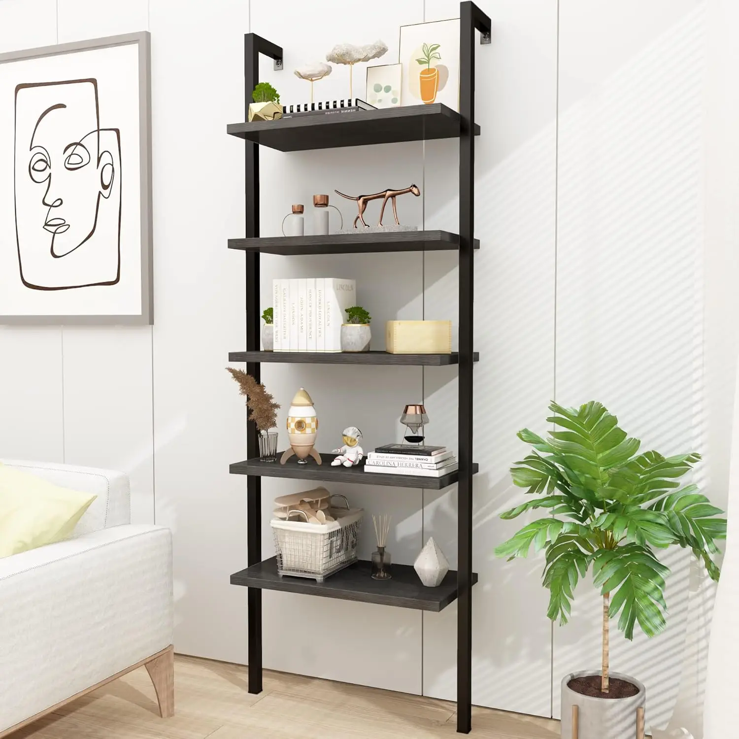 

5 Tier Ladder Bookshelf With Storage, Open Wall Mount Bookcase Wooden Ladder Shelf Organizer With Metal Frame, Display Storage