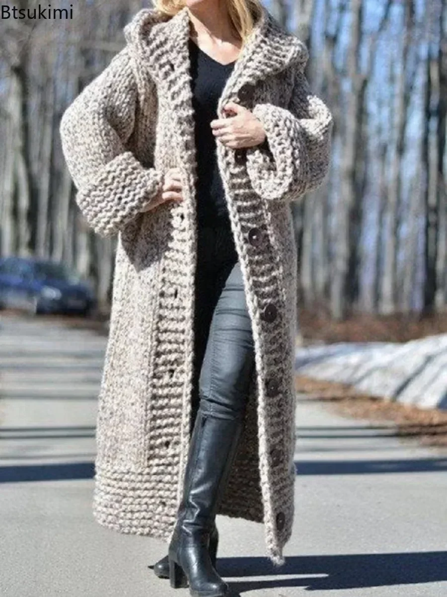 2024Women\'s Thick Warm Knitted Cardigan Jackets  Autumn Winter Cardigan Sweater Female Hooded Loose Long Coat Plus Size Sweaters