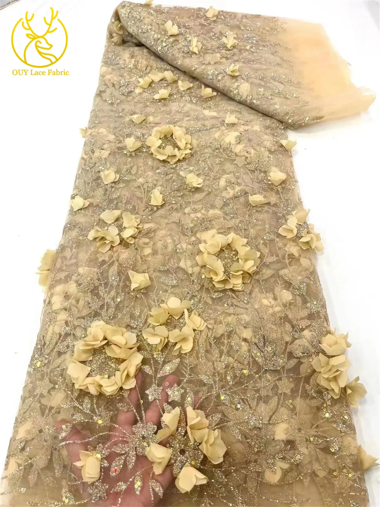3D Blumen-Pailletten-Spitzenstoff 2026 Hochwertiger Französischer Nigerianischer Klebe-Pailletten-Spitzenstoff für Party-Hochzeitskleider Abendkleider – Detail 10