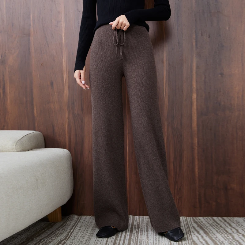 LONGMING Knitted Pants 100% Merino Wool Women Clothes Wide Legs Pants Fall Winter Trousers Vintage Long Pants Y2K Korean Fashion