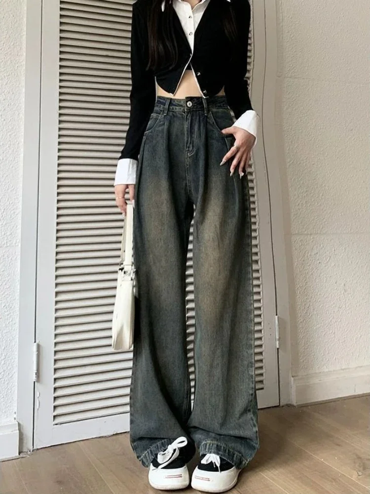 

Джинсы женские весенне-осенние модные длинные уличная одежда с высокой талией винтажные минималистичные повседневные ретро женские джинсовые прямые штаны