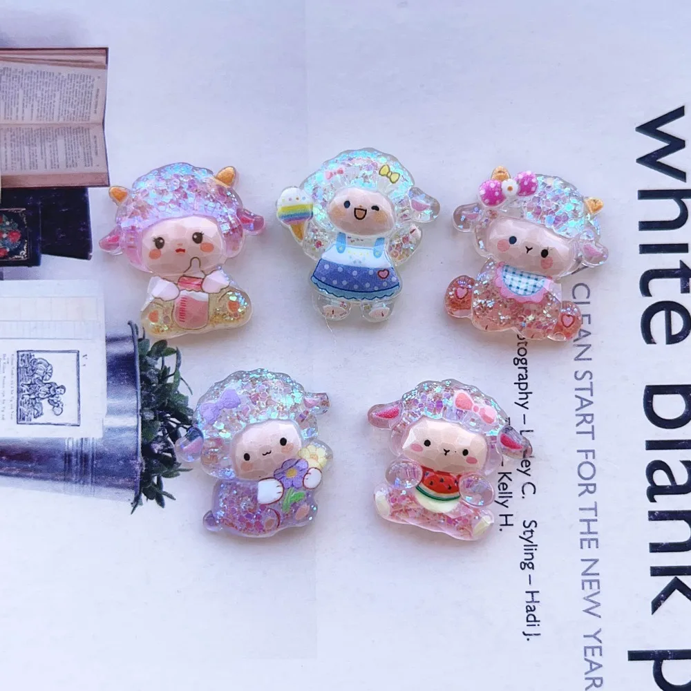 10pcs Mini Kawaii Cute Glitter Sheep Resin Charms Flat Back Cabochons Scrapbook DIY Craft Jewelry Making Hairpin Decor Ornaments