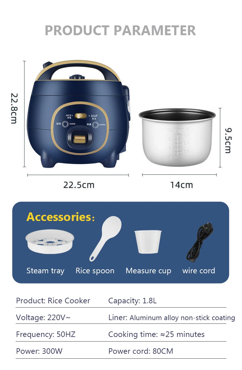 1.8L Fully Automatic Non-Stick Rice Cooker Multipurpose Soup StewPot Food Steamer Dual-use Automatic Keep warm Portable Lunchbox