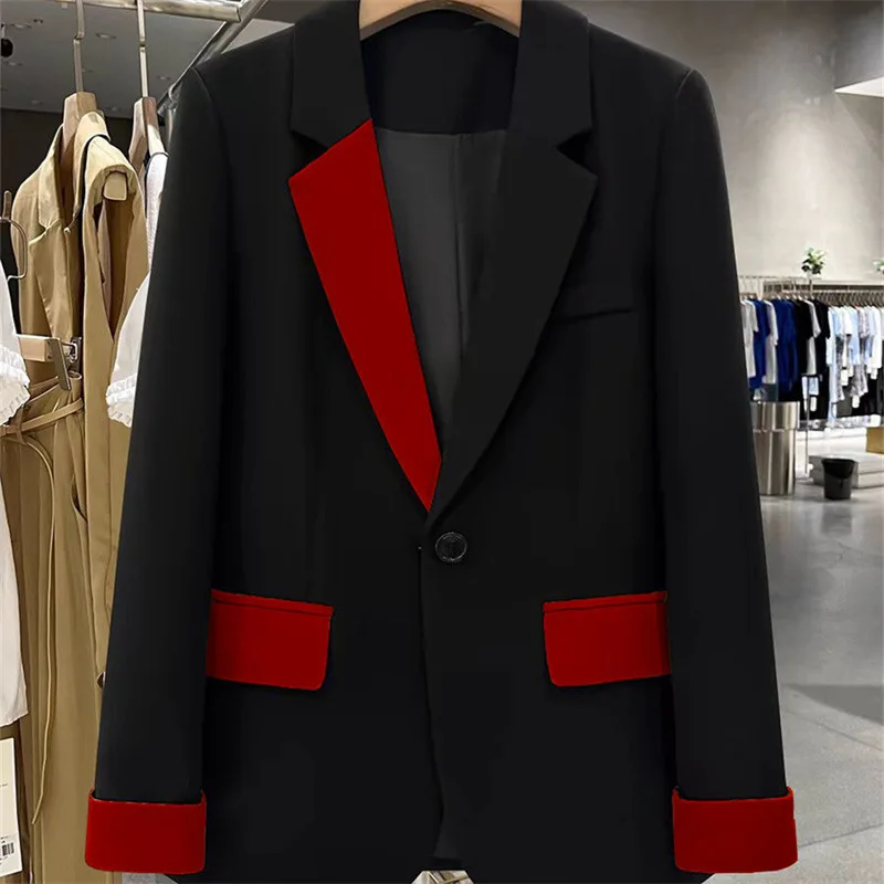 Black contrasting splicing suit jacket for women's spring and autumn 2024 new suit  jacket women  blazers for women