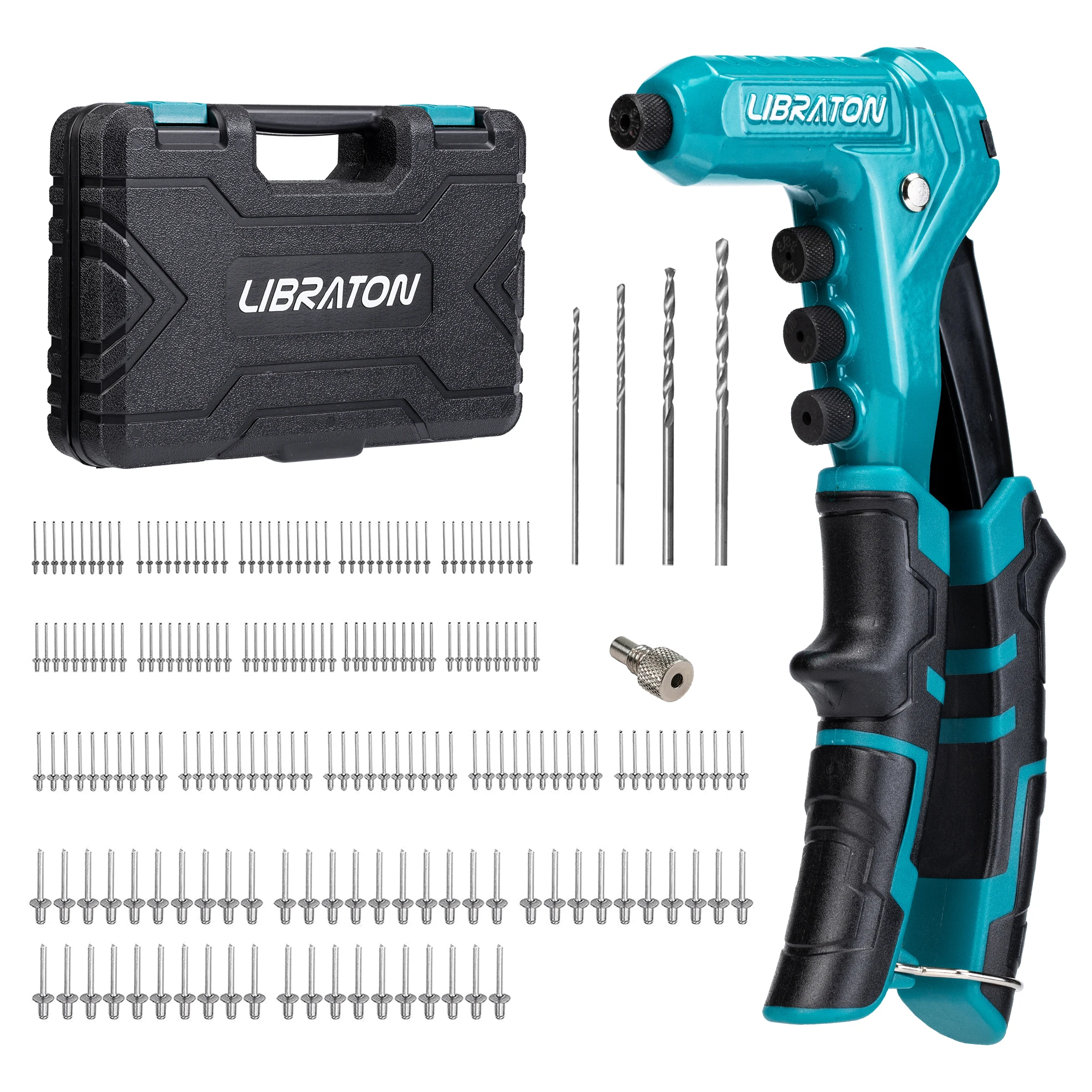 Libraton One-Handed Rivet Gun, Pop Rivet Gun Set, Professional Hand Riveter, Manual Riveting Tool with 200 Rivets for Metal