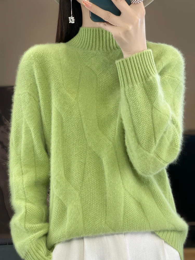 

Merino 100% Wool Women's Half High Neck Pullover Spring Autumn Thick Cashmere Knit Sweater