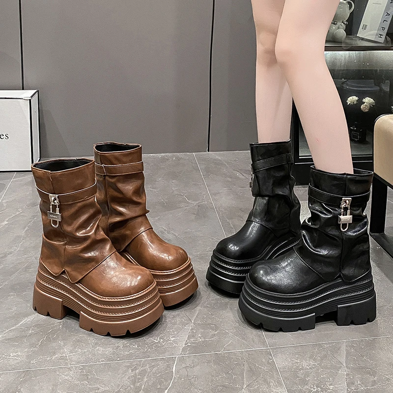 Nuovi stivali con zeppa con zeppa da 10 cm Moda invernale Stivaletti con tacco alto Donna Cerniera Nero Bianco Botas con suola spessa