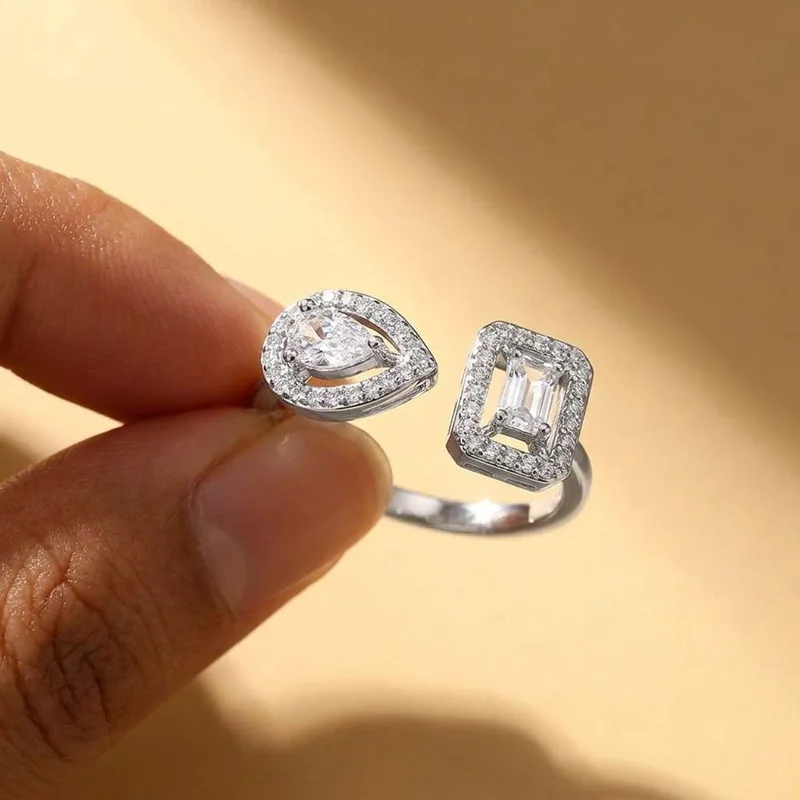 925 Sterling Silber Funkelnder Zirkon Wassertropfen Quadratische Geometrie Verstellbare Ringe für Frauen Geschenk Party Hochwertiger Schmuck Geschenk