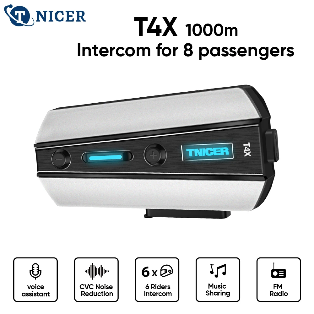 TNICER T4X Motorcycle Intercom Bluetooth helmet Headset Motorbike 8 Riders 1000M Moto Group , Waterproof/Noise-canceling