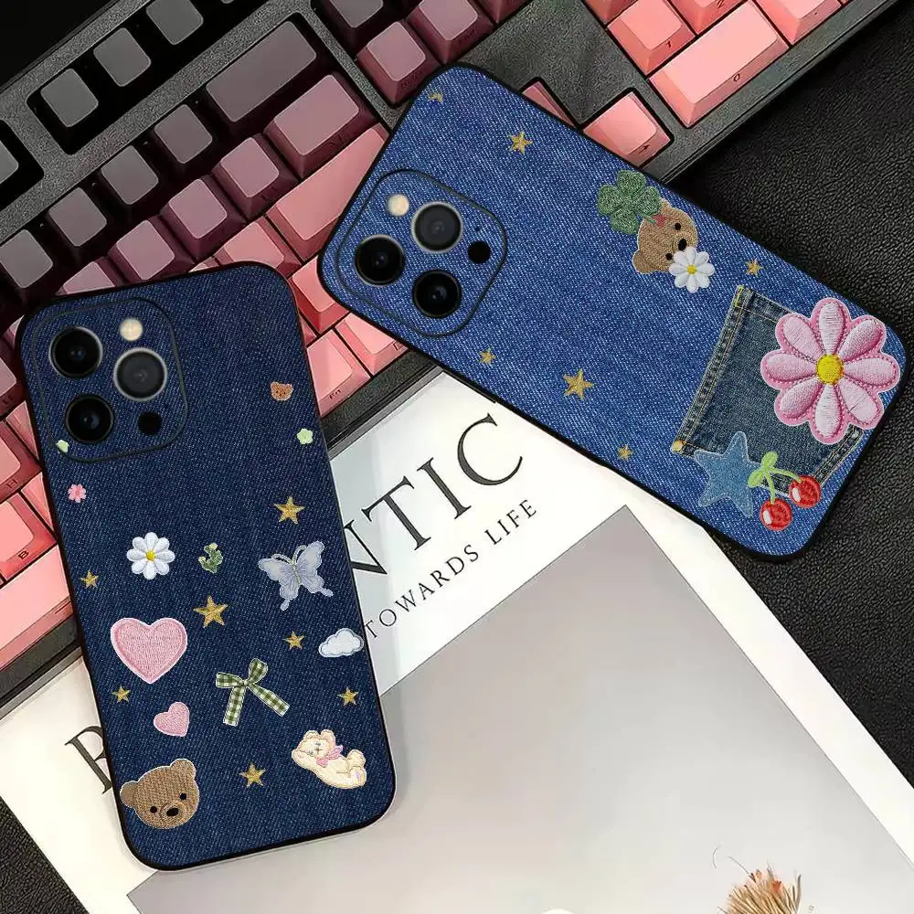 

Denim Embroidery Coquette Y2K Phone Case For iPhone 17,16,15,14,13,12,11 Plus,Pro Max,XS,Soft Silicone Black Cover