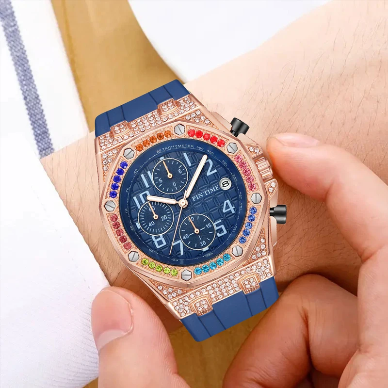 PINTIME New Rainbow Diamond Inlaid Men's Watch European And American Business And Leisure Style Men's Waterproof Quartz Watch