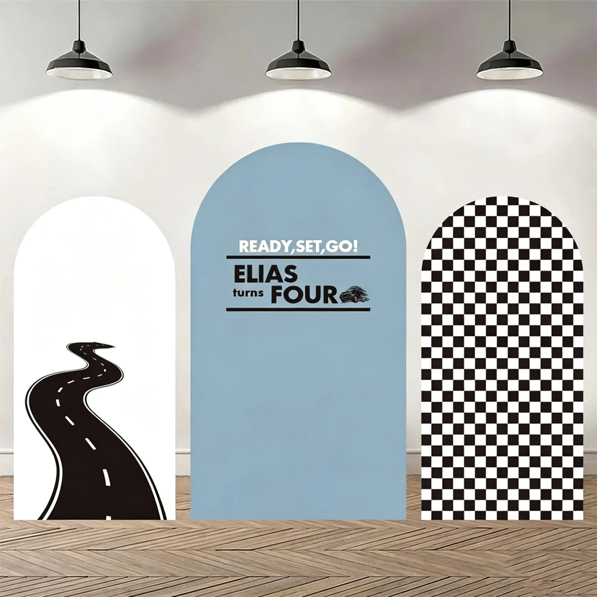 Custom Double-Sided Ready Set Go Baby Shower Arch Backdrop Cover Boy Racing Car Black And White Squares Birthday Party Photo