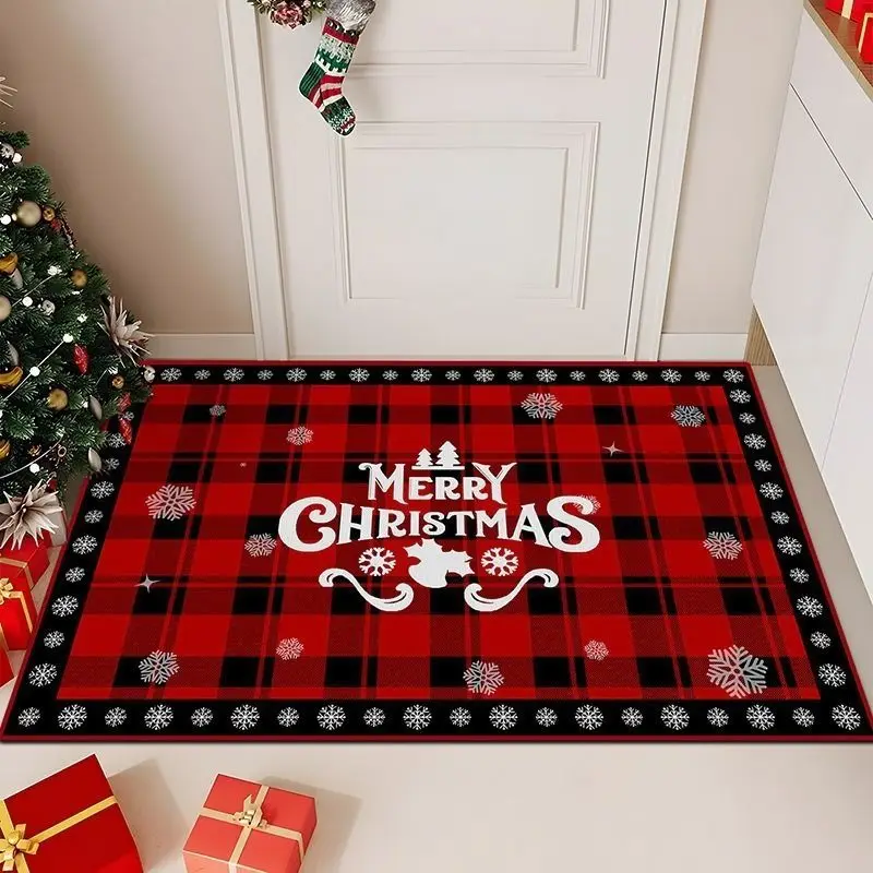 VIKAMA Rustic Farmhouse Christmas Door Mat Red Black Check Reindeer Print Anti Slip Rug For Entryway Indoor Outdoor Xmas Decor