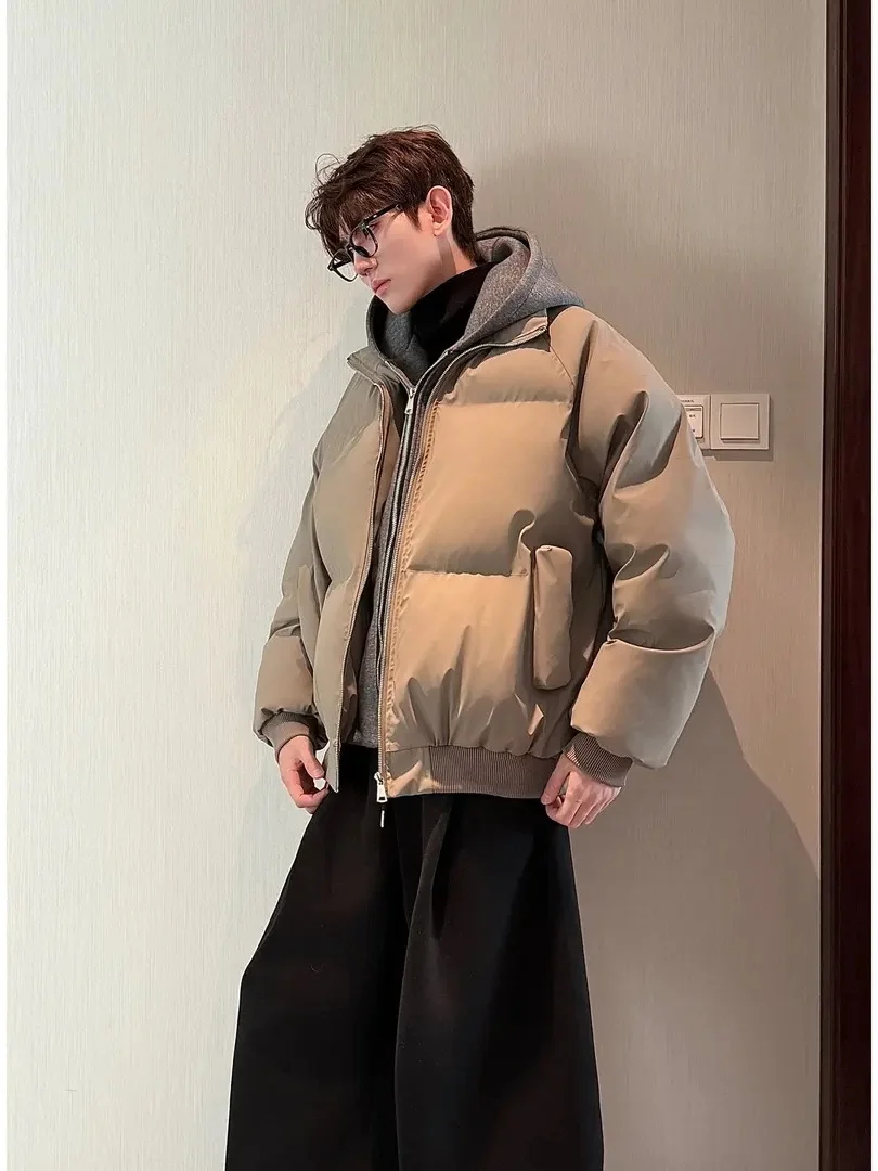 

Men's Hooded PU Leather Cotton Jaet Hip Hop Sli Trendy Brand Winter Loose Fit Youthful ular Multi-Material Patchwork