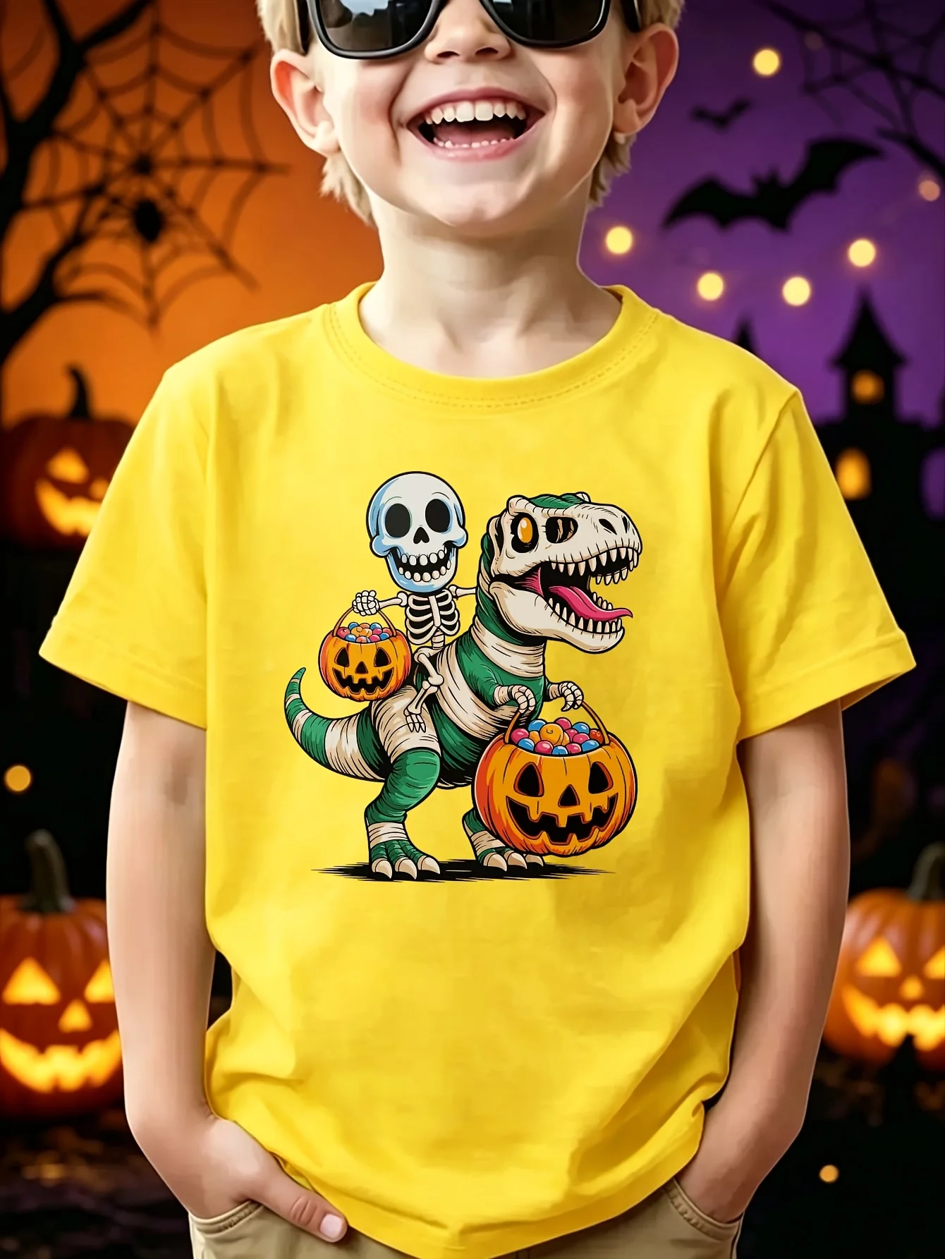 Halloween Mummy Dinosaur Skeleton Kids T Shirt Pumpkin Print Short Sleeve Tees Boys Girls Soft Cotton Casual Tops Wear Gift