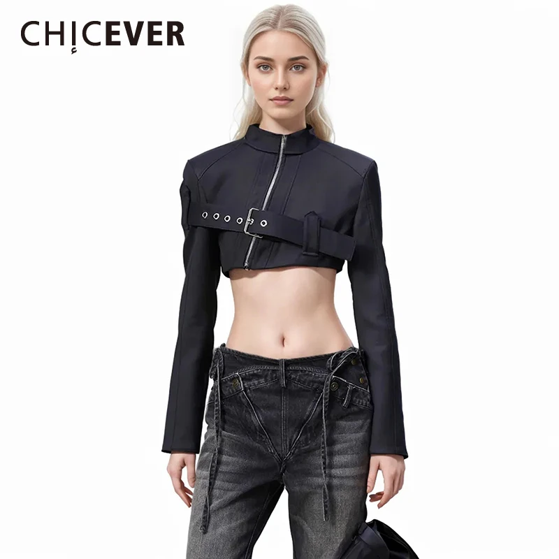 

CHICEVER Streetwear Patchwork Belt Fashion Jackets For Women Stand Collar Long Sleeve Spliced Zipper Solid Slimming Coats Female