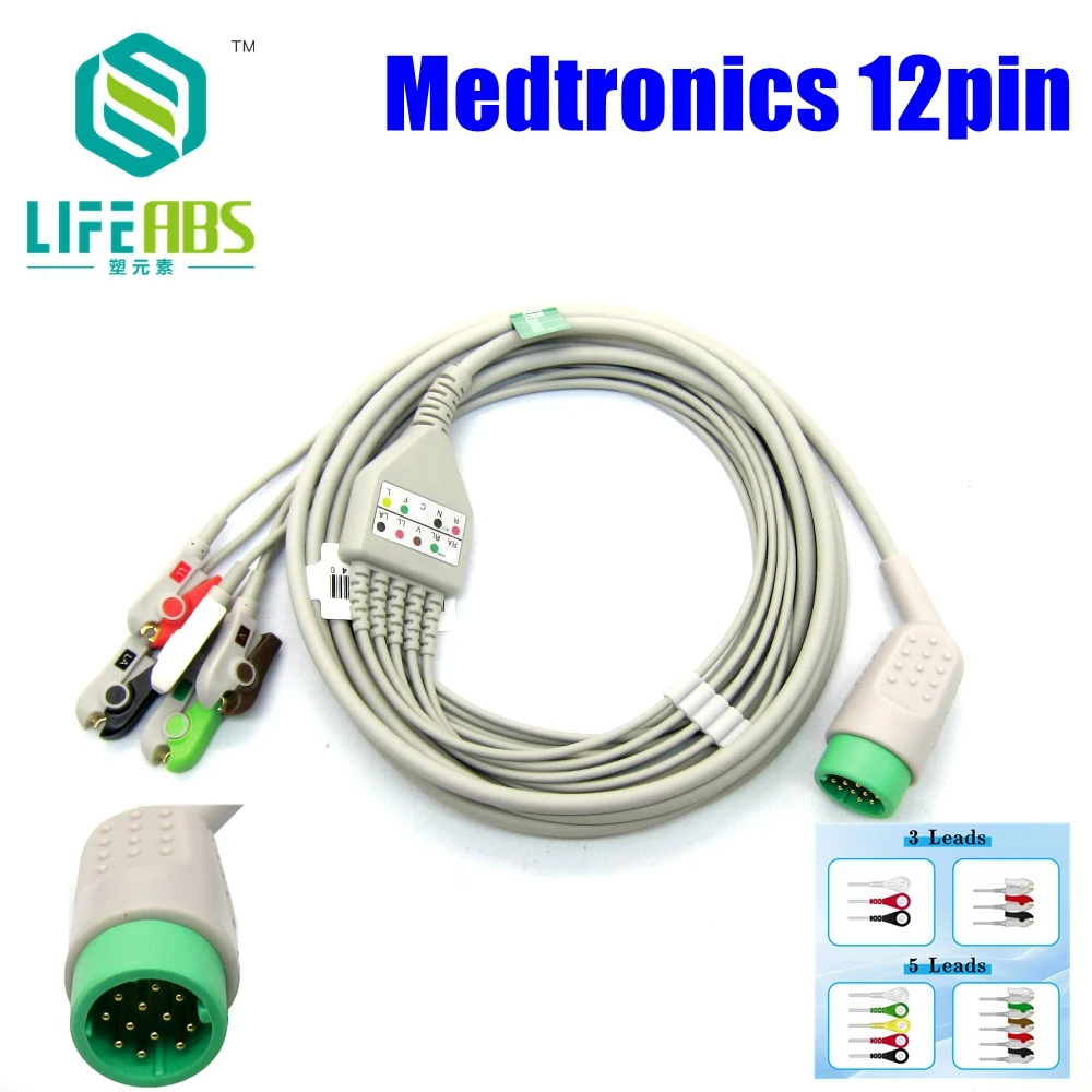 One-Piece Ecg Cable Ekg Cable Iec 3leads 5leads Snap Clip Ecg Lead Wires for Medtronics 12pin Mornitor Machine