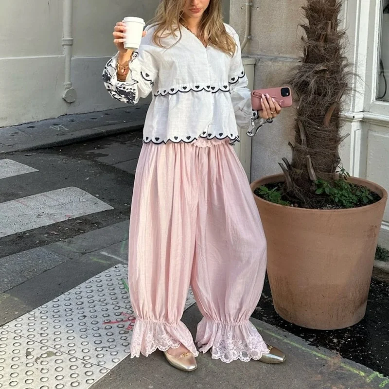 Women Boho Lace Ruffle Hem Soft Bloomer Pants Elastic High Waist Drawstring Loose Wide Leg Lantern Trousers Casual Vacation