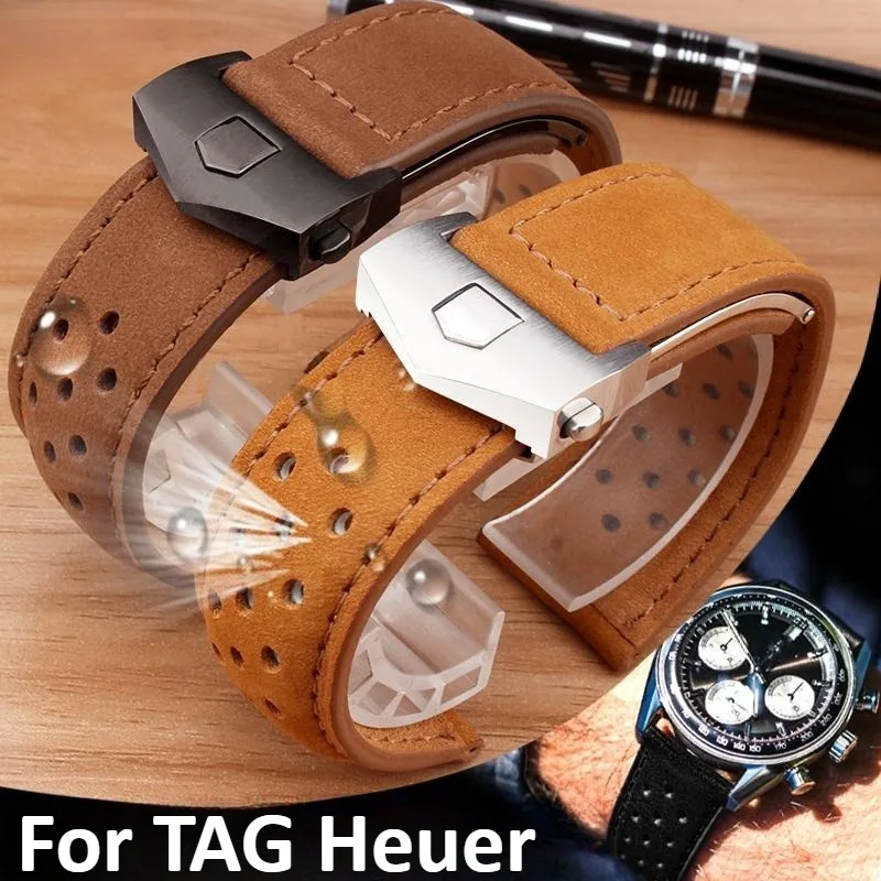 Correa de reloj de cuero perforada y transpirable de 20-22 mm para TAG Heuer CARRERA 1887 CAR2015 F1 MONACO, correa de reloj de piel de vaca