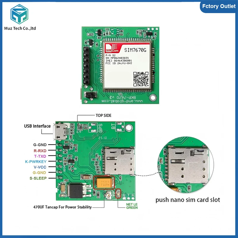 Novo Kit de Desenvolvimento de Placa Central Nano SIM (Slot SIM7670G) com Módulo 4G LTE Cat1 Qualcomm SIM7670G, Kit Breakout com Bandas Globais