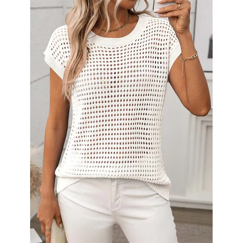 

Hollow Knitted Tops 2026 New Women's Summer Lazy Loose Sun Protection Blouse Round Neck Design Short Sleeve Versatile Tops