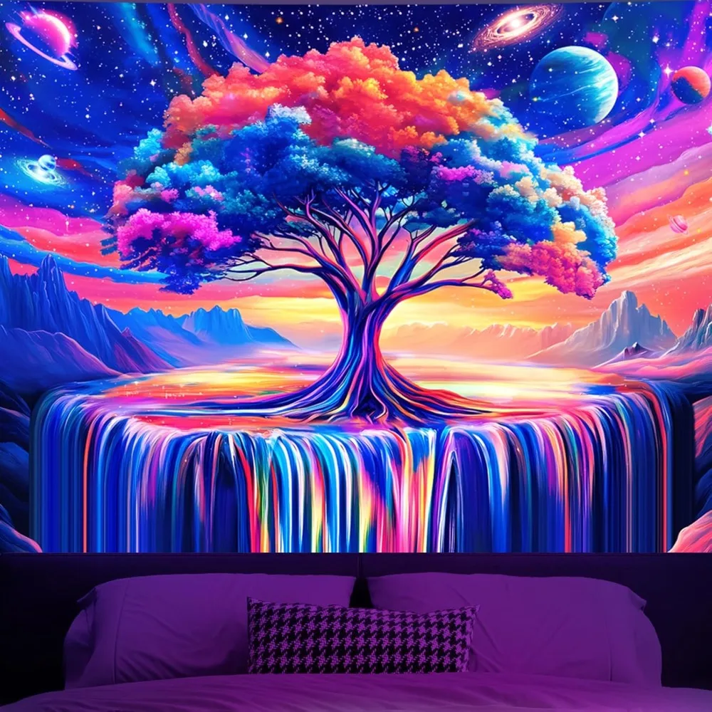 

гобелен «Древо жизни» blacklight для спальни, черный свет, постеры, космическая галактика, УФ-реактивные художественные гобелены, эстетические, красочные ст.