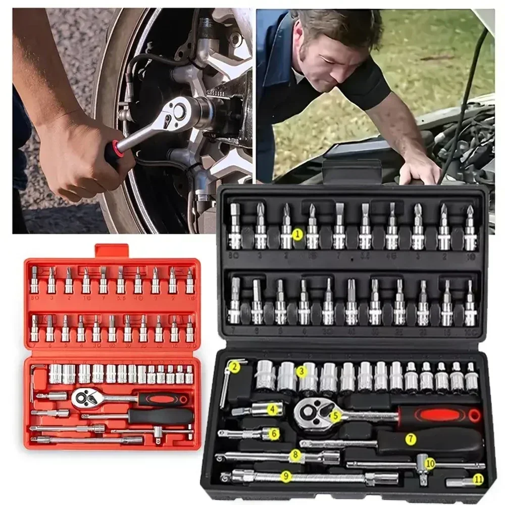 

46 Wrench 1/4 Inch Drive Socket Ratchet Wrench Set with Bit Socket Metric and Extension Bar for Auto Car Repairing Tools Amagi