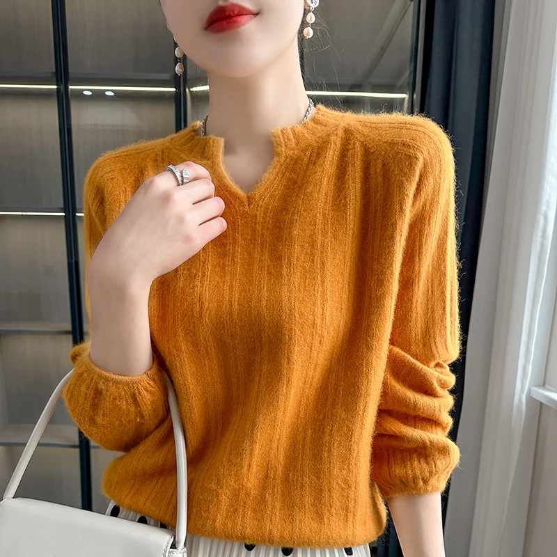 2024 Autumn and Winter New 100% Pure Cashmere Sweater Women V-Neck Long-Sleeved Pullover Sweater Loose Korean Knitted Base Shirt