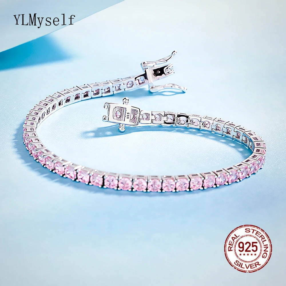 

YLMyself 925 Silver Tennis Bracelet 3MM Pink Cubic Zirconia Rhodium Plated Pave Chain 16/17/18CM Gift For Women