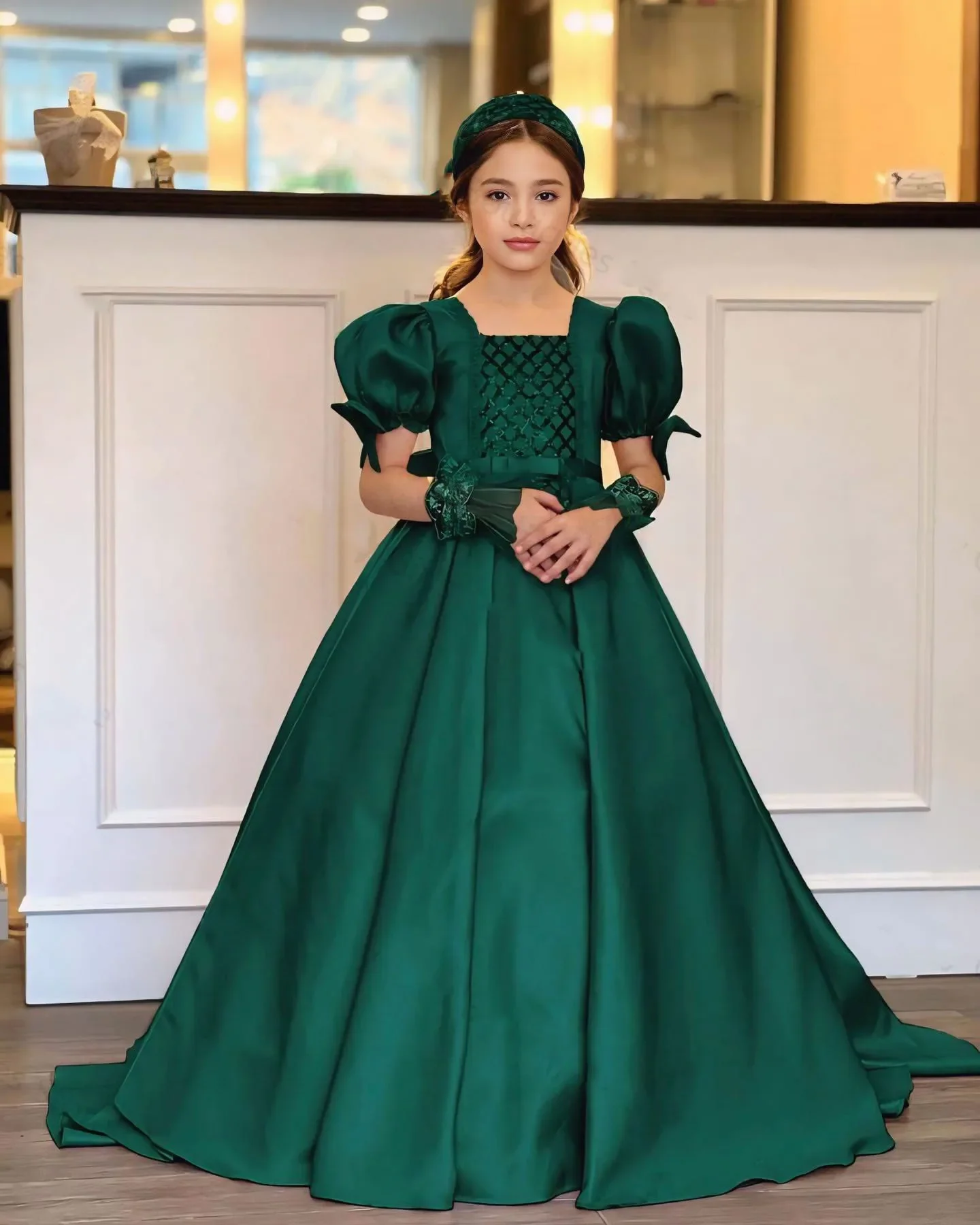 Robe de demoiselle d'honneur sur mesure pour mariage, longueur au sol bouffante avec nœud, manches courtes, robe de bal de fête d'anniversaire pour enfant de première Communion