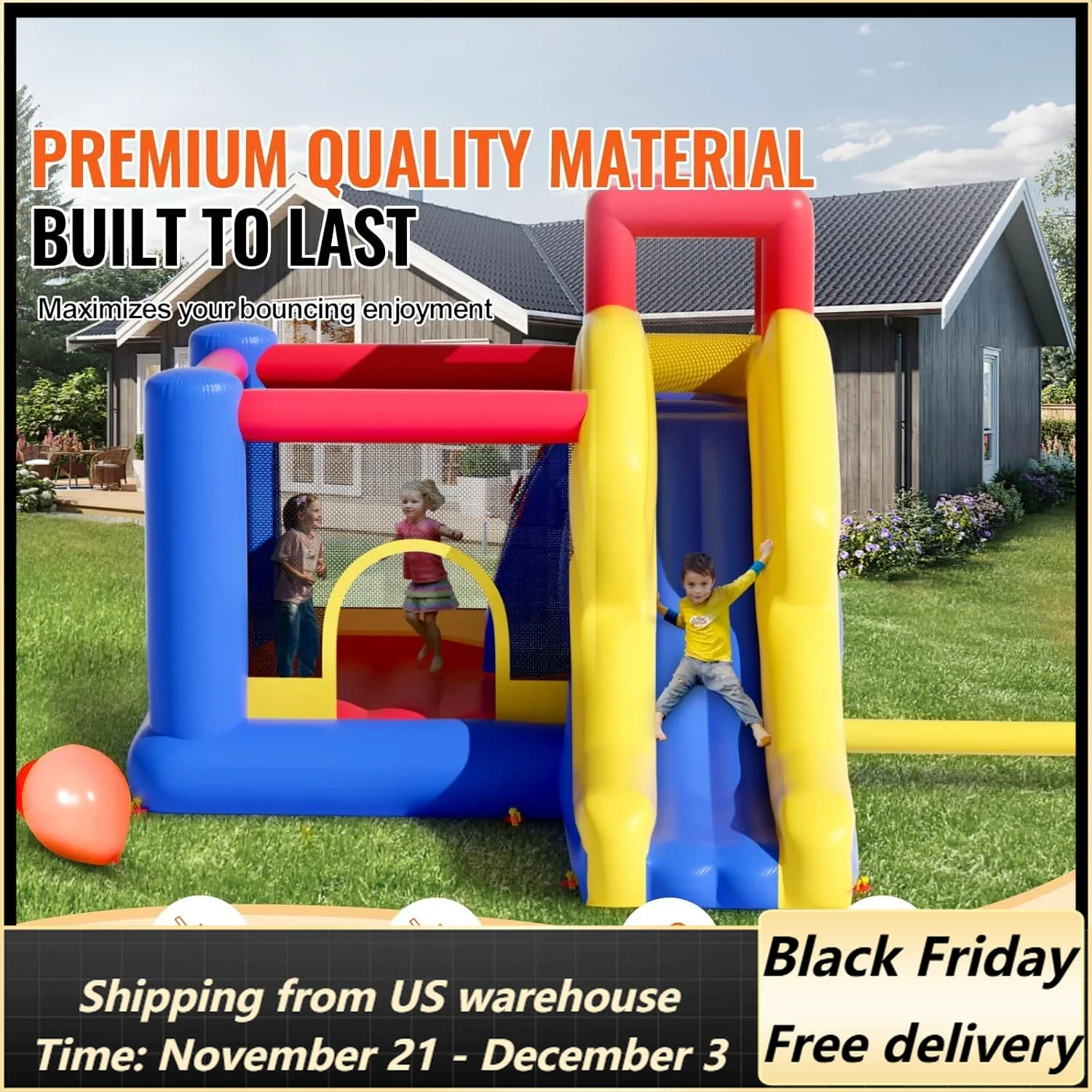 Inflatable Bounce House, Indoor Playhouse Trampoline, Jumping Bouncer with Blower, Slide, and Storage Bag, Outdoor Family