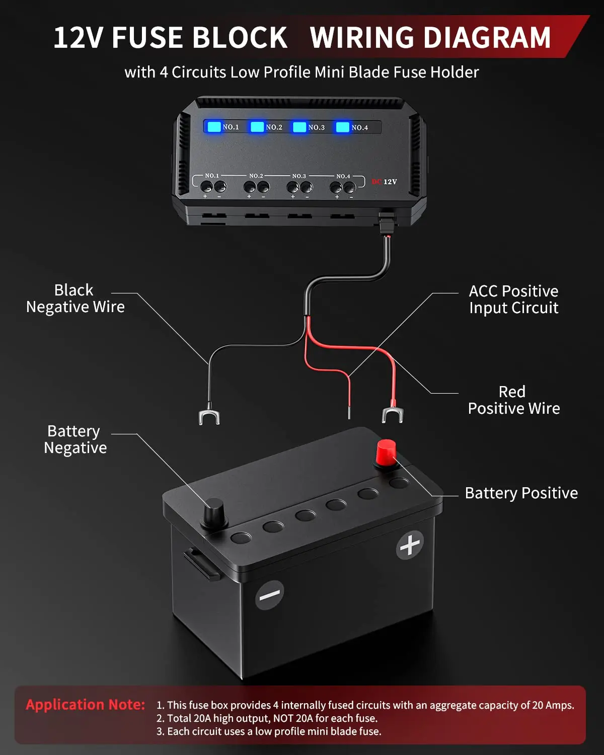 Anchtek 12V Motorcycle Fuse Box Universal Automotive Fuse Block with 4 Circuits Low Profile Mini Blade LED Indicator Fuse Holder