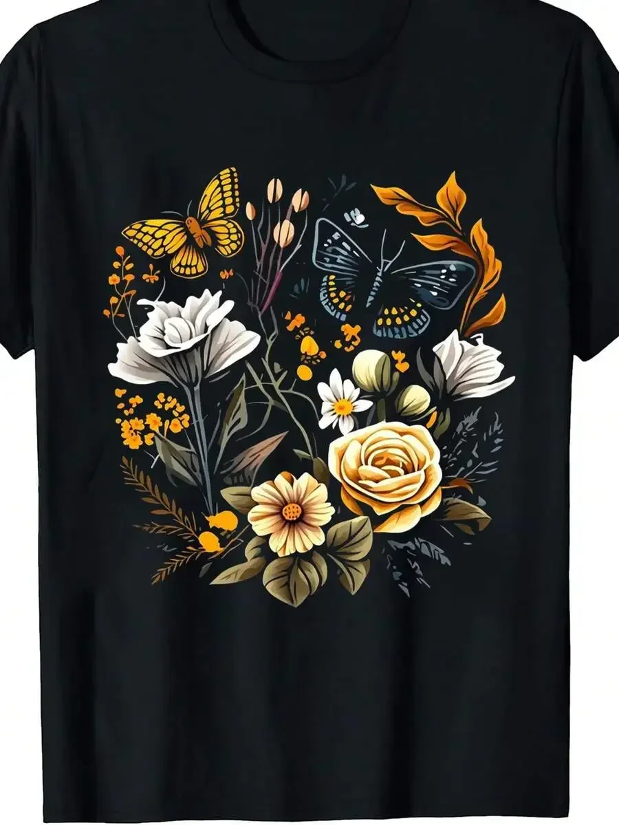 1pc Men' Butterfly Flower Print Black TShirt, Crew Neck, Casual Cotton Tee Medium Stretch Knit Fabric, Men's Regular Fit, Size