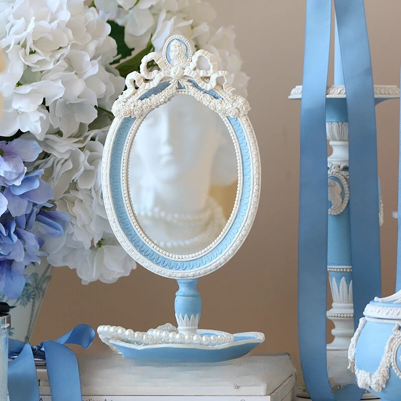 

French Vintage Vanity Mirror Handheld & Tabletop Makeup Mirror with Jewelry Organizer Luxe Dressing Table Decor for Bedroom Desk