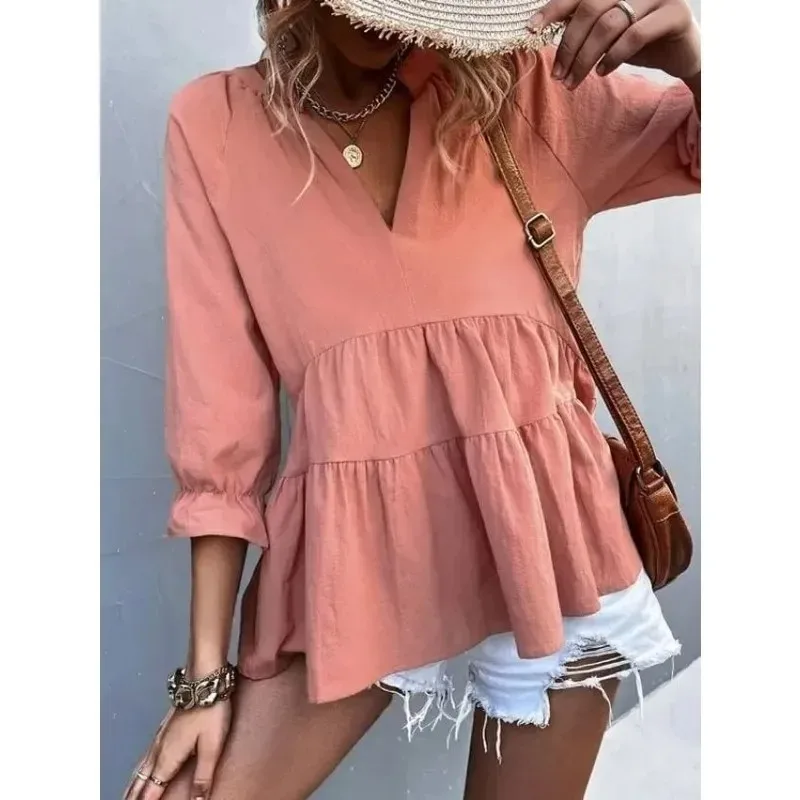 Customized Womens 3 4 Sleeve V Neck Babydoll Blouses Casual Personalized Custom Loose Fitted Daily Wear Blouses Shirts