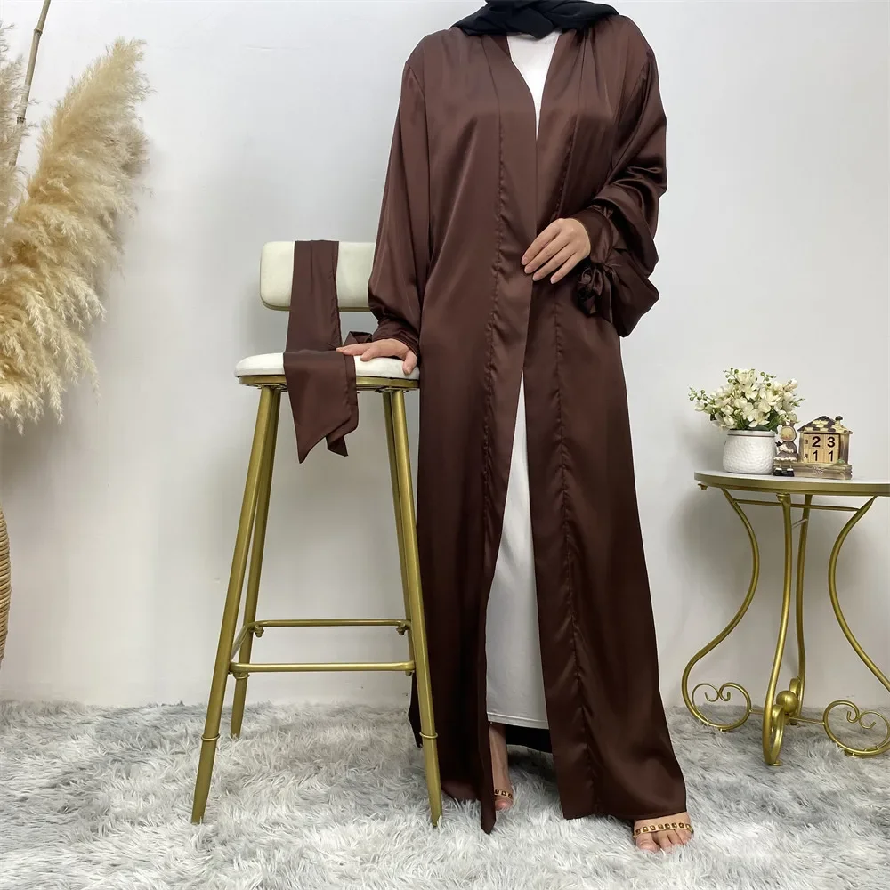 

Satin Open Abaya Dubai Turkey Kimono Cardigan Women Muslim Maxi Dress Eid Ramadan Islamic Jalabiya Arabic Robe Caftan Party Gown