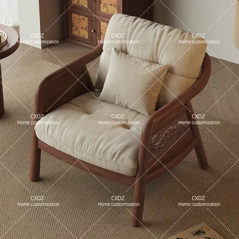 Song Style Aesthetic All Solid Wood Single Sofa Chair Black Walnut Zen Three Piece Set High End Recliner Leisure Chair