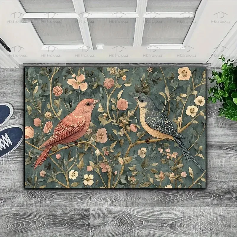 Vintage Bird Floral Doormat Two Birds on Branch Flower Print Entry Mat Indoor Front Door Farmhouse Home Decor Floor Rug