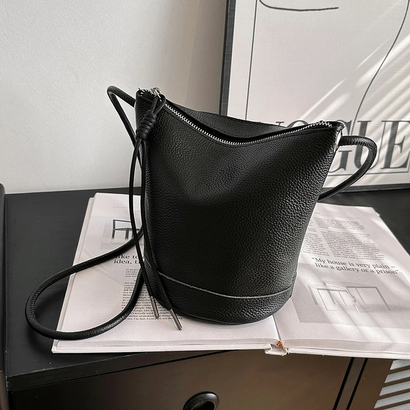 Women\'s Genuine Leather Bucket Handbag Large CapacityTote Bag 2023 Fashion Female Simple Shoulder Bags Casual Crossbody Bag