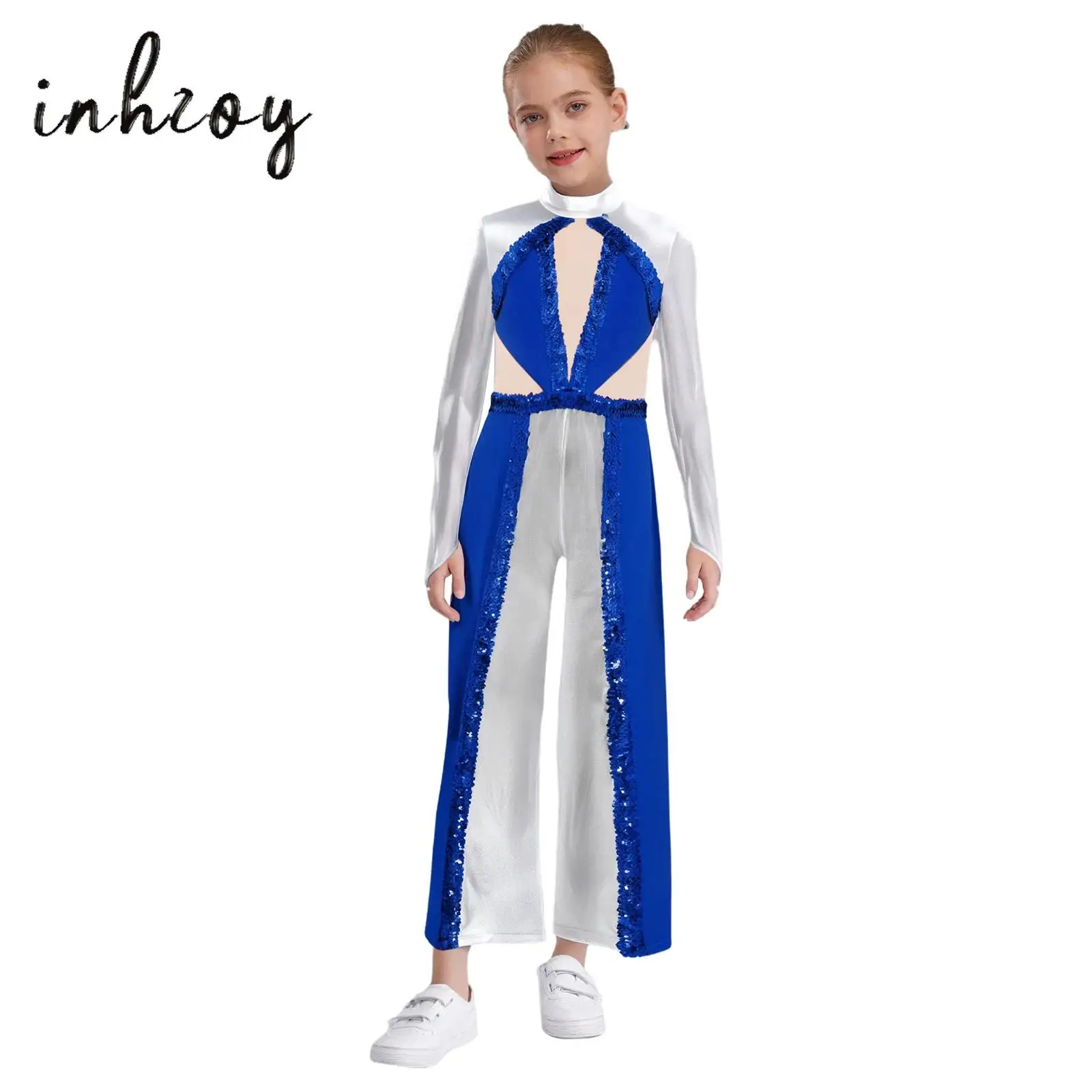 

Kids Girls Liturgical Praise Dance Jumpsuit Shiny Sequins Color Block Metallic Long Sleeve Mesh Patchwork Bodysuit Lyrical Dance