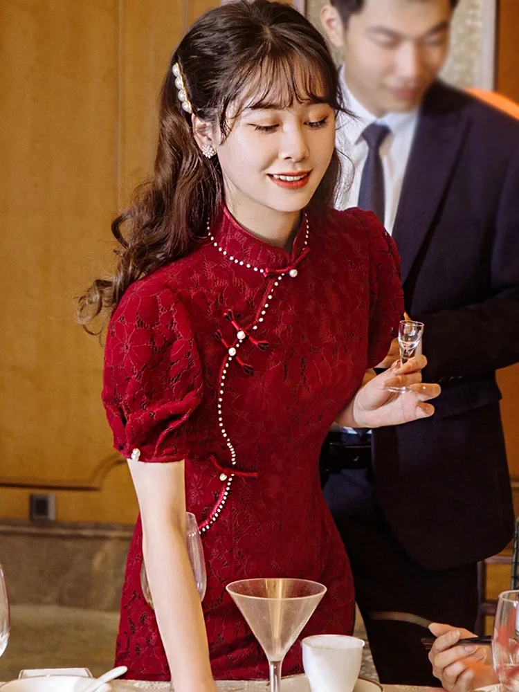 

Ele Red New Chinese Sle Wedding Dr ort High Slit Polyester Fiber ort Sve Bridesmaid Dr