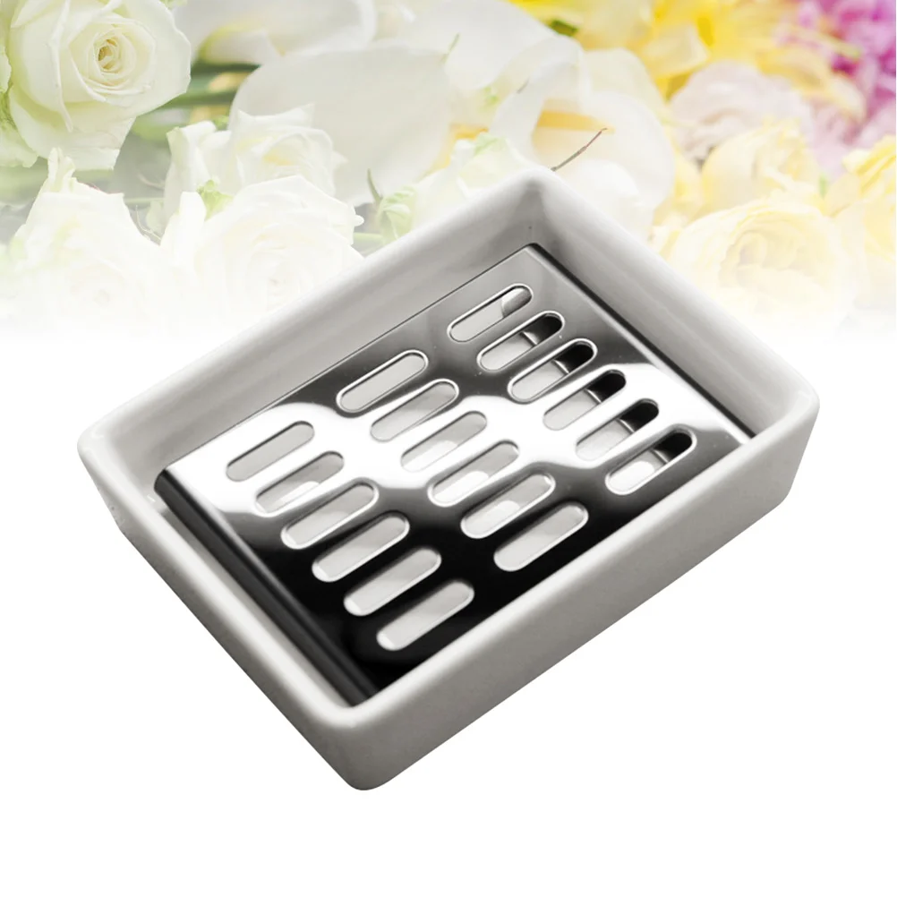 1 قطعة صندوق الصابون طبقة مزدوجة الفولاذ المقاوم للصدأ والأبيض طبق الصابون السيراميك حامل قابل للتصريف للاستخدام في الحمام المطبخ حوض الاستحمام